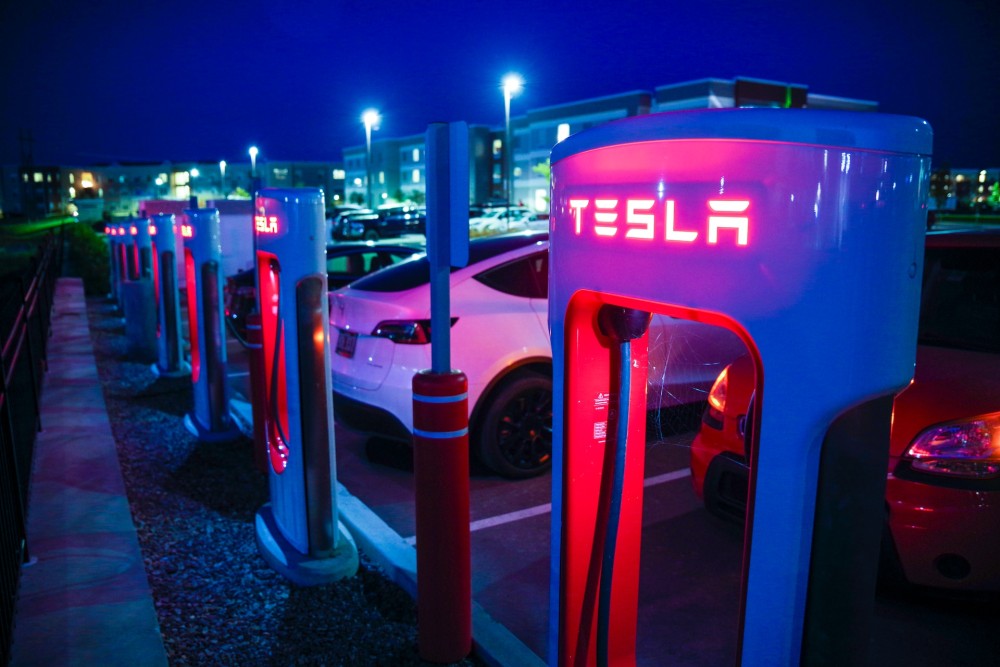 Tesla charging at night